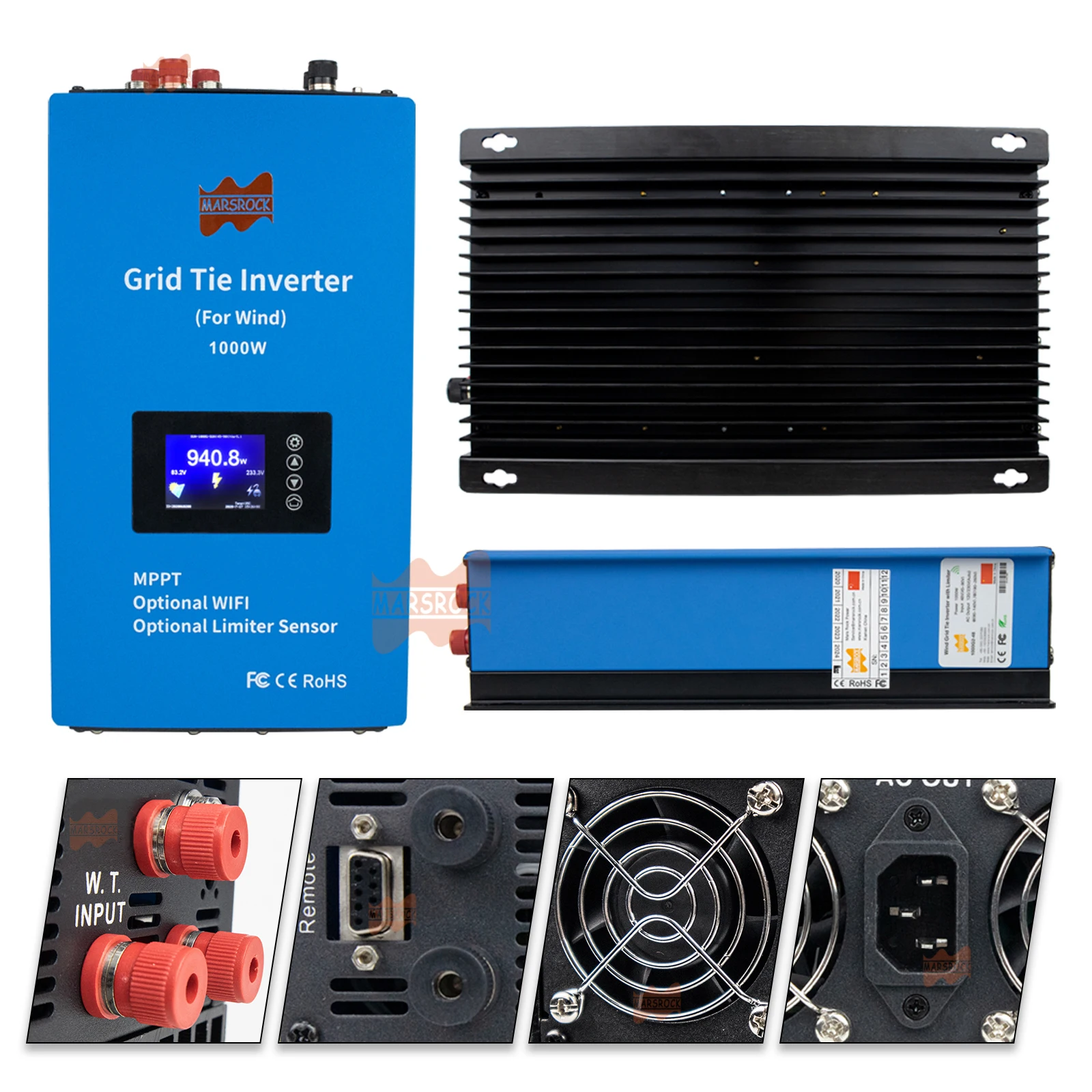 1000W 24V 48V Wind On Grid Tie Inverter with Limiter Wind Turbine Generator WiFi Monitor Battery Discharge DC22-90V to AC95-265V