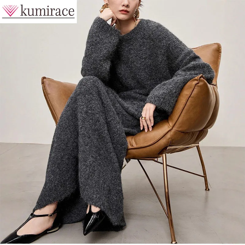 

Advanced Gray Minimalist Round Neck Sweater+half Skirt Knitted Sweater for Women's Autumn and Winter New Casual Two-piece Set