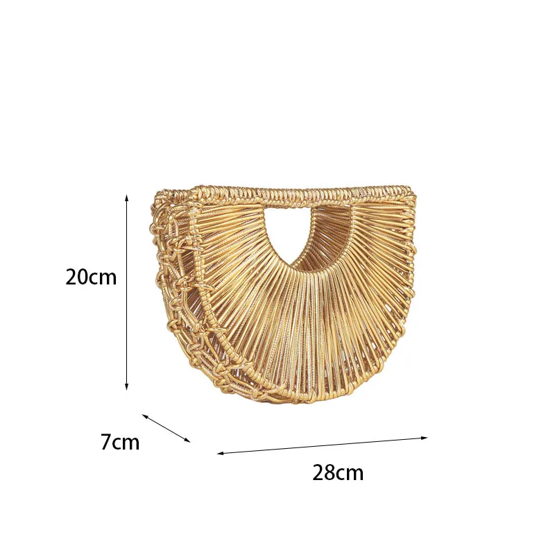 Luxury New Metallic Golden Half‑Moon Beach Bag for Women Hollow Woven Evening Bag Drawstring Liner Chain Shoulder Crossbody Bag