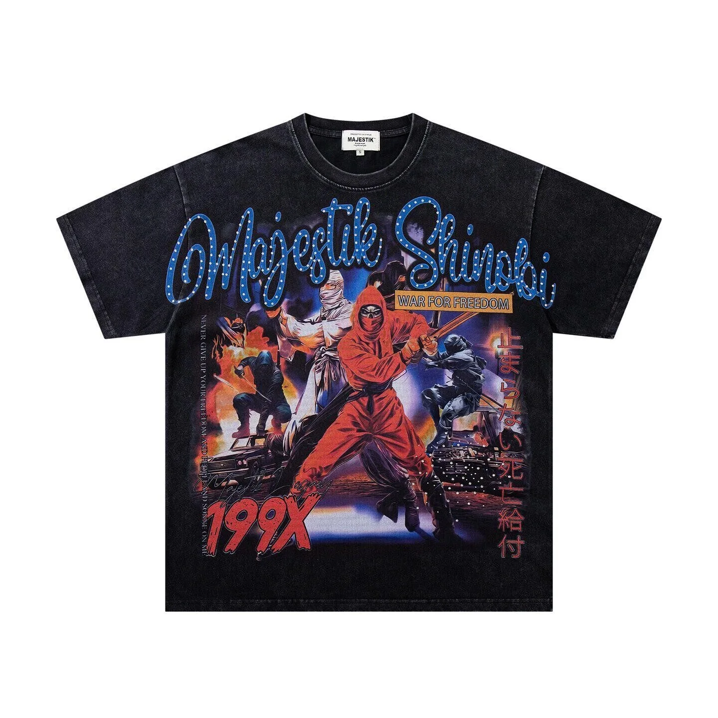 MAJESTIK Retro Ninja Straight Print Washed Vintage Street Style Short-Sleeved T-Shirt for Men and Women