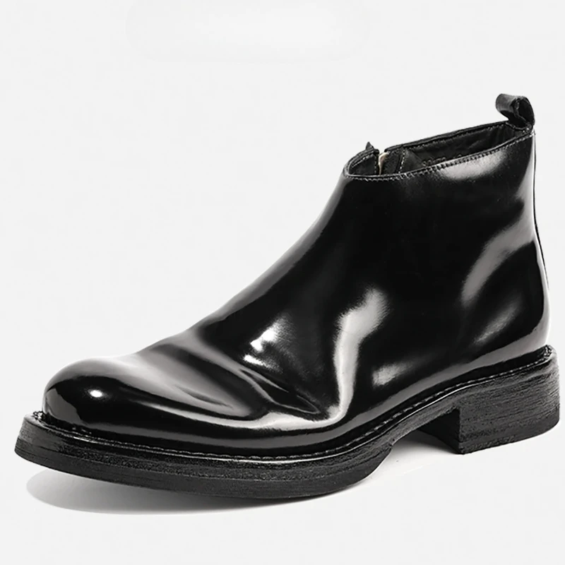 Luxury Horseskin Chelsea Thick Sole Shoes for Male Autumn/Winter Horse Skin Handmade Goodyear Side Zipper High Top Leather Shoes