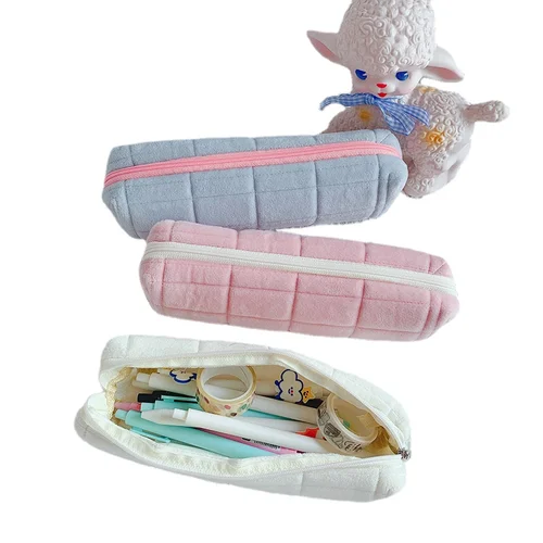 Bolsa de lápices con cremallera de terciopelo suave, papelería Kawaii, bolígrafos, bolsa de almacenamiento de papelería, estuche de lápices de felpa, gestión organizadora