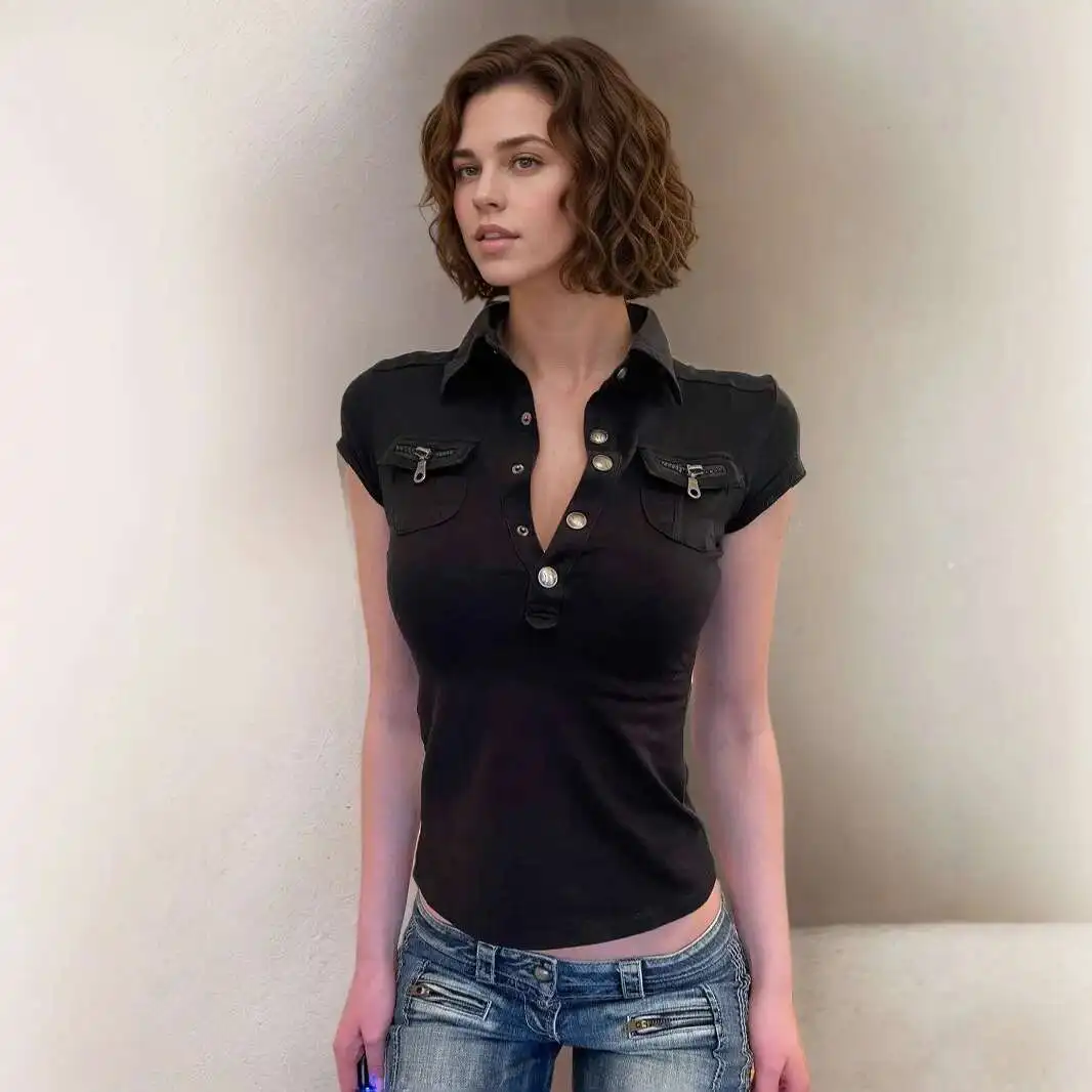 Women Pocket T-shirt American Street Side Pockets Polo Collar Short Casual T-shirt Motorcycle Breasted Workwear Jacket