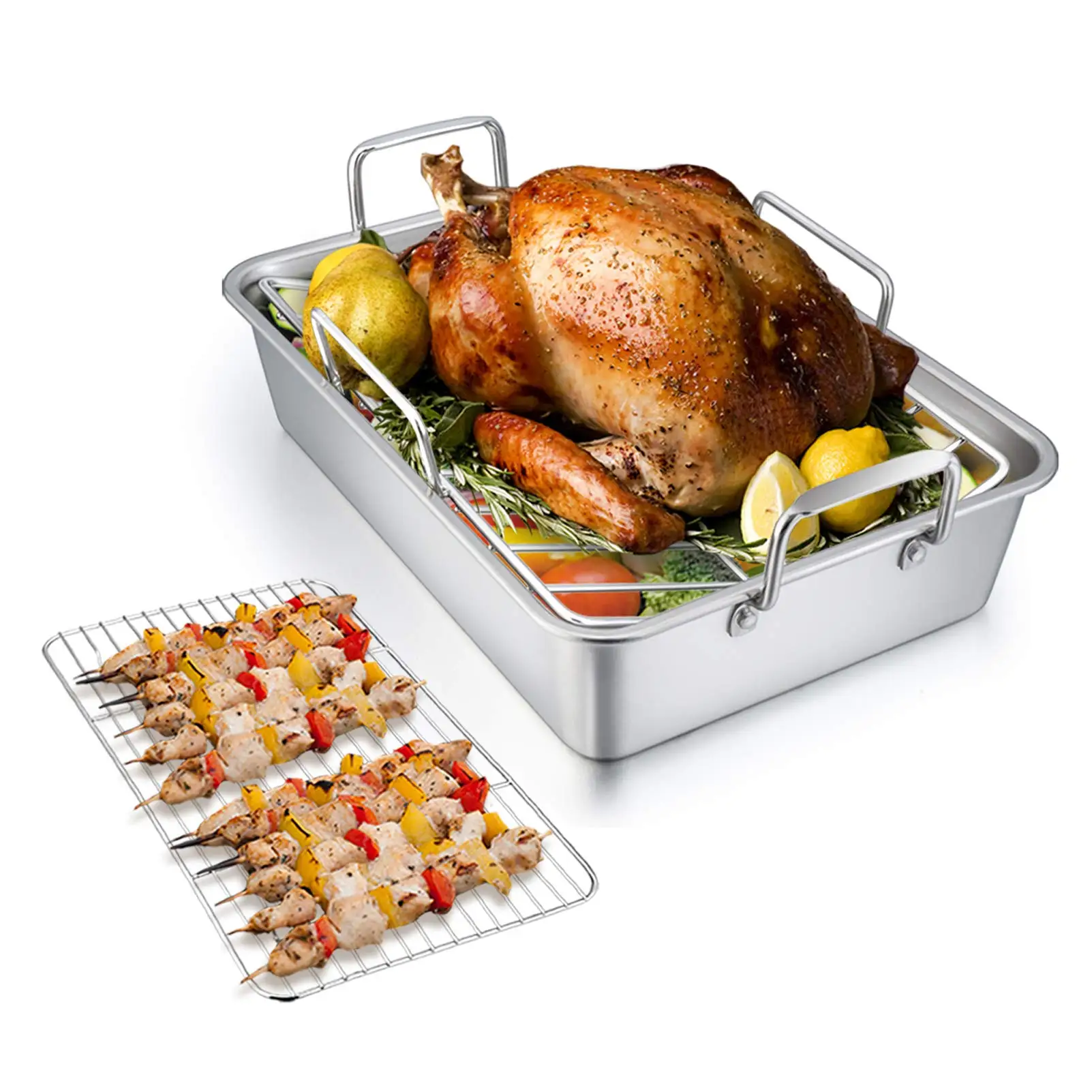 

Roasting Pan With Rack 15" Stainless steel Turkey Roaster with V-Shaped Rack and Flat Rack for roast chicken Dessert Baking