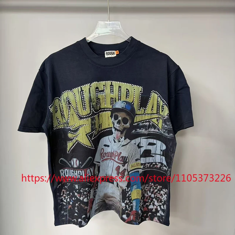 New Rough Play Hot Diamond Letter Baseball Printed T Shirt Street Trendy Loose Men's Casual Short Sleeve Rough Play Top Tee