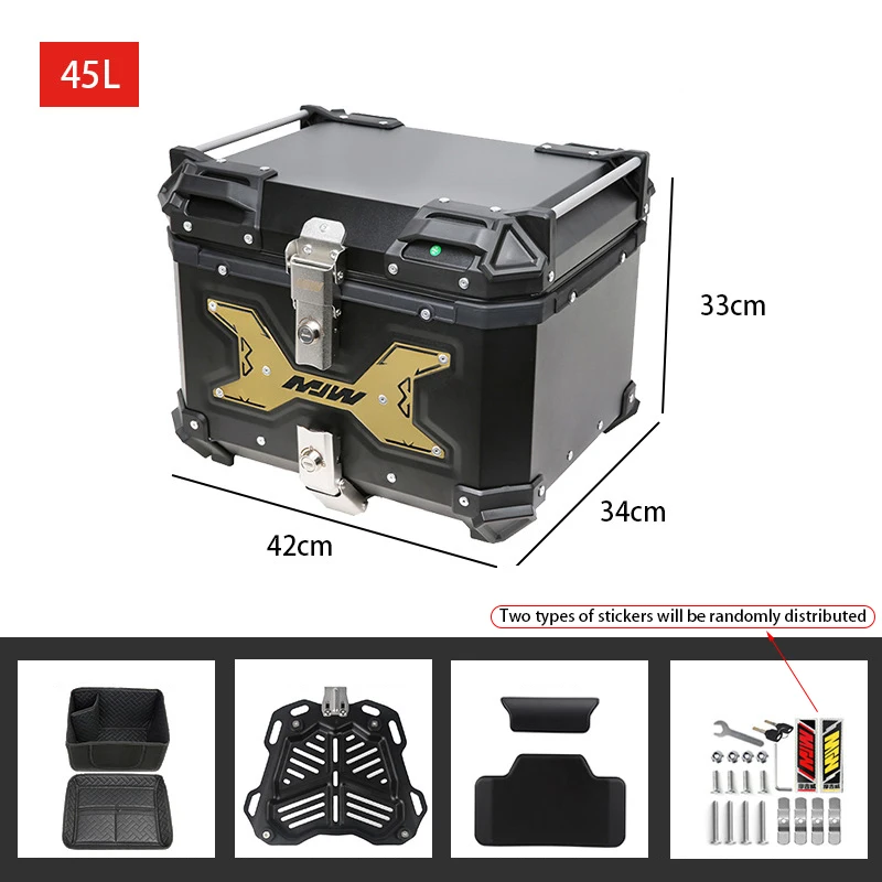 Black/silver/gold 45L Heavy Duty Aluminum Motorcycle Tail Box with Lock Waterproof Dustproof Universal Top Case for Motorcycle