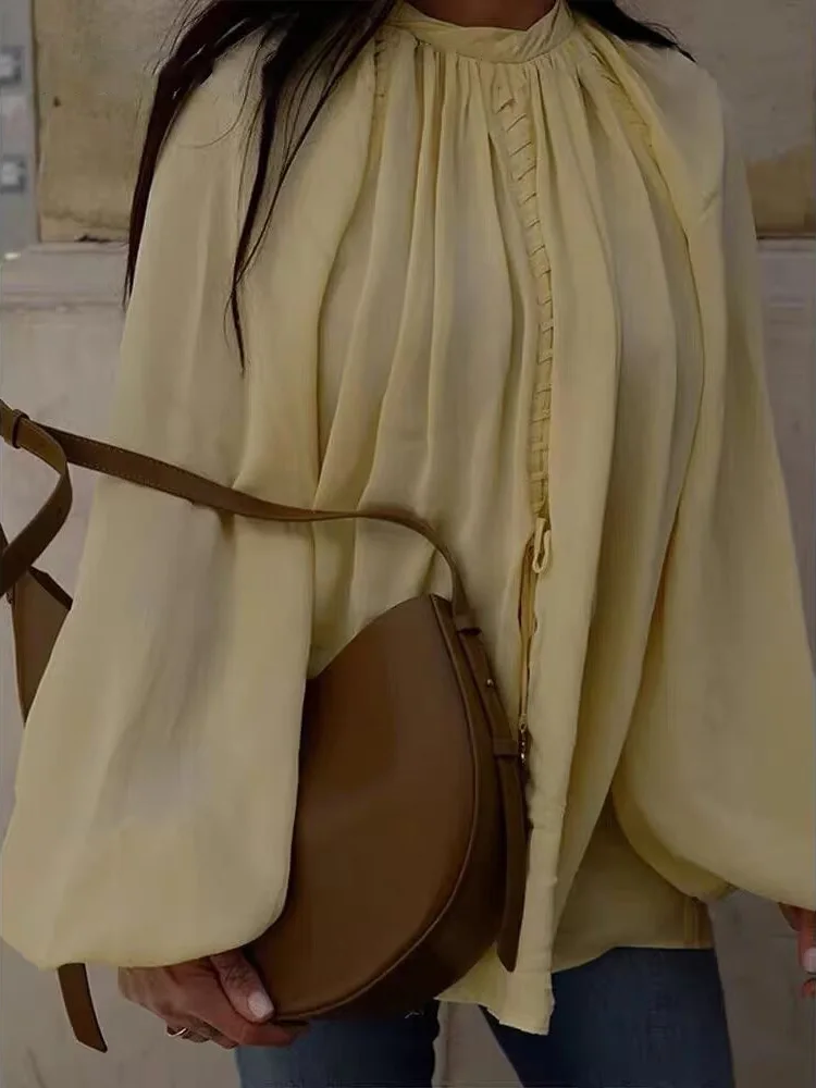 

HH женские модные рубашки с круглым вырезом желтый фонарь с длинными рукавами и бантом на шнуровке украшения женские осенние повседневные свободные блузки