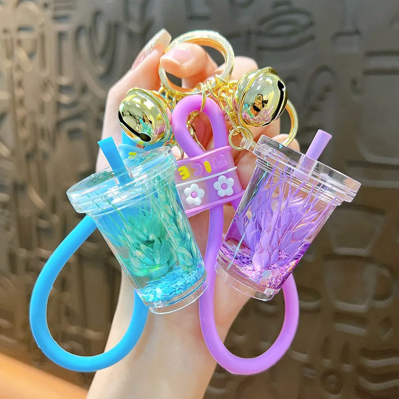 Unique Colored Wheat Floating Liquid Keyring Cartoon Milk Tea Cup Moving Grain Quicksand Pendant Keychain Bag Summer Ornaments