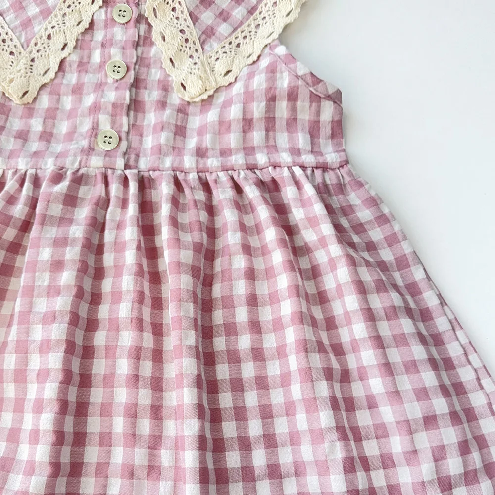 Casual Landschaft Stil Sommer Neue Spitze Revers Ärmelloses Plaid Kleid für Mädchen Süße Kleidung Koreanische Version – Detail 10