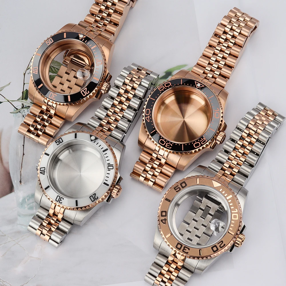 ตัวเรือนนาฬิกา PVD สีโรสโกลด์ ขนาด 40 มม. รุ่น NH35 ขอบเซรามิก กระจกแซฟไฟร์ สำหรับนาฬิกา SUB Seiko NH35 NH34 NH36/38 Miyota8215 ETA2824 พร้อมสาย Jubilee