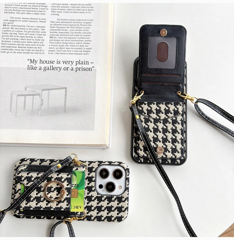 Luxury Retro Cloth Houndstooth Wallet Phone Case For iPhone 16 15 14 Plus 13 12 Pro Max Long Leather Rope Slot Ring Holder Cover