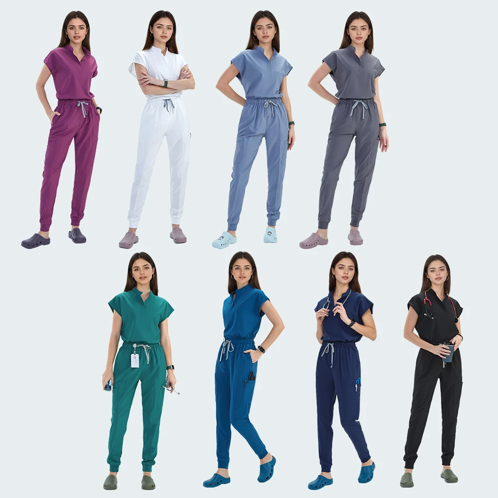Mandarijn Kraag Verpleegkundige Chirurgische Scrub Sets Ziekenhuis Uniformen Stretch Jogger Broek Tuniek Top Tandheelkundige Verplegingspakken Stretch S180-02