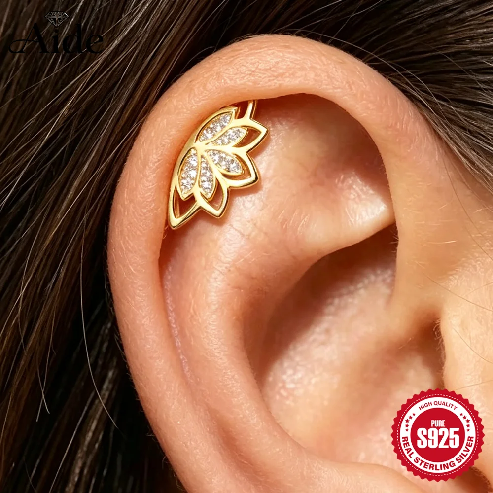 AIDE 925 Sterling Silver Skeletonized Lotus Crown Women's 18K Gold Plated Smooth Wave/Branches Helix Conch Lobe Piercing Earring