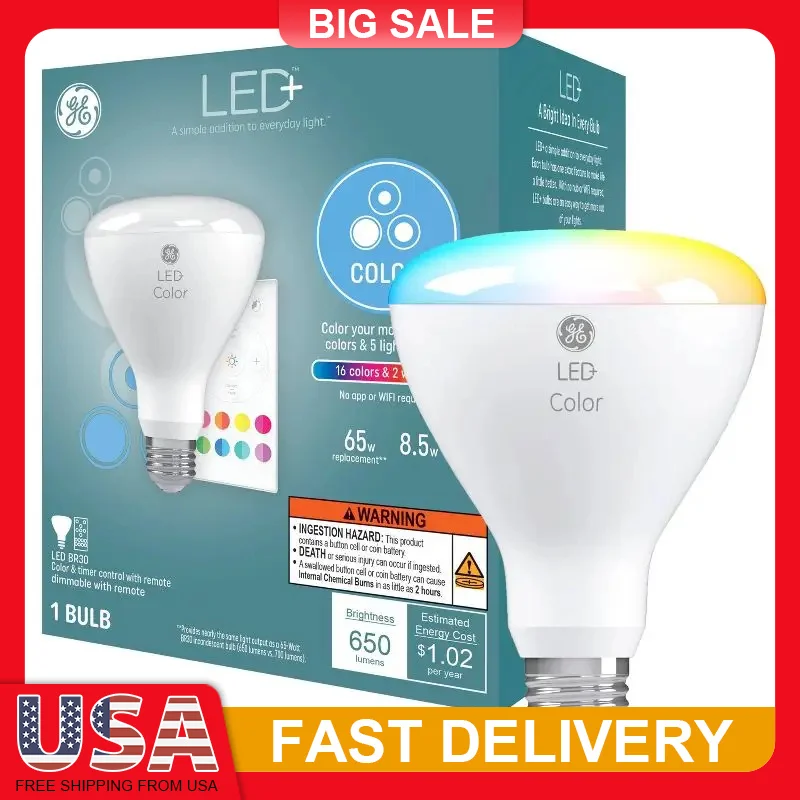 

BR30 RGB Color Changing E26 LED Flood Light Bulb 16 Colors Remote Control Dimmable Energy Saving Party Mood Light for Bedroom