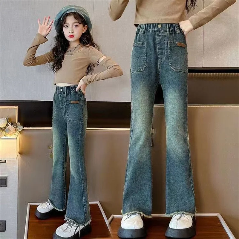 Girls Autumn Jeans Children Slim Retro La Letter Flare Pants Spring New Children Solid Colour Elastic Trousers 4-12 Years Old