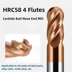 HRC58 4 Flute Ball Nose End Mill Tungsten Steel Carbide Milling Cutter for Metal R4x16x8x60 R5x20x10x75 R1.5x6x4x50 R8x32x16x100