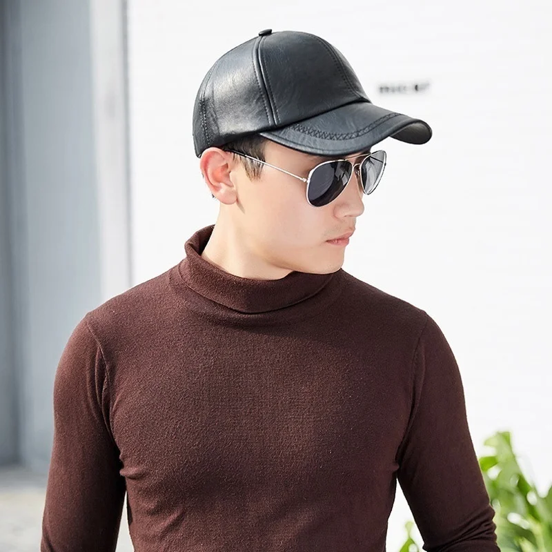 New Fashion  Casual Fashion Hat Baseball Cap Autumn and Winter Plus Velvet Cap PU  Leather Baseball Cap for Man