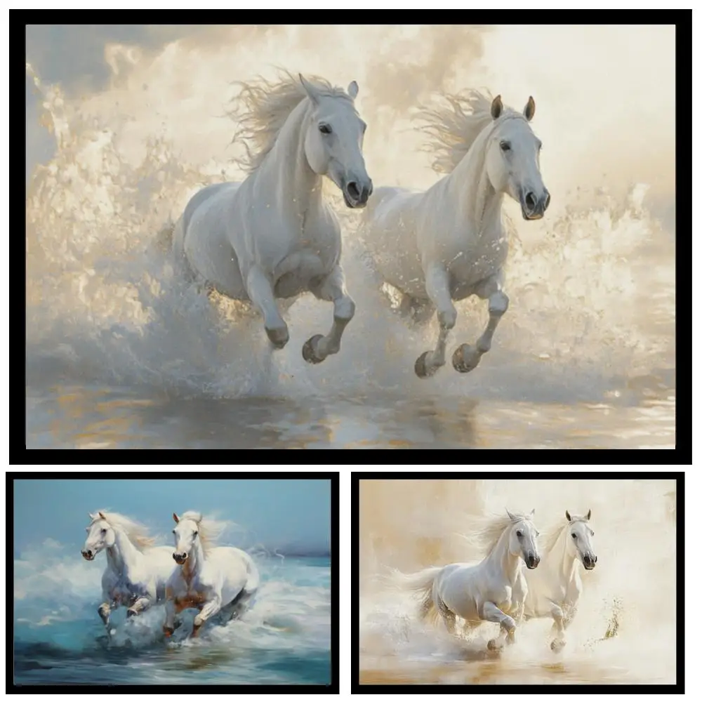 Running Horses Canvas Print Galloping White Horse Wall Art Modern Equine Picture Large HD Animal Painting for Office Hotel Decor