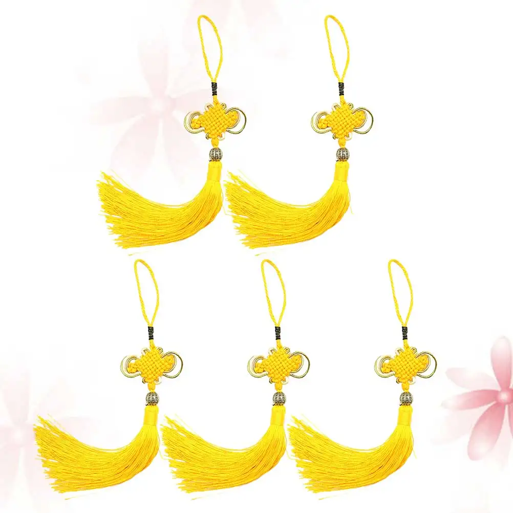 5개입 프리미엄 중국 매듭 펜던트 태슬 장식 금색 트림 자동차 장식 행운을 위한 홈 오피스 장식 노란색 태슬 펜던트