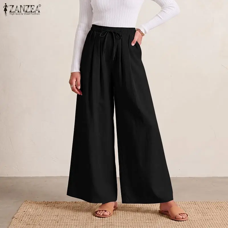 ZANZEA Women Cotton Breathable Wide Leg Pants Casual Lace-Up Elastic Waist Loose Trousers 2026 Autumn Solid Daily Wear Pantalon