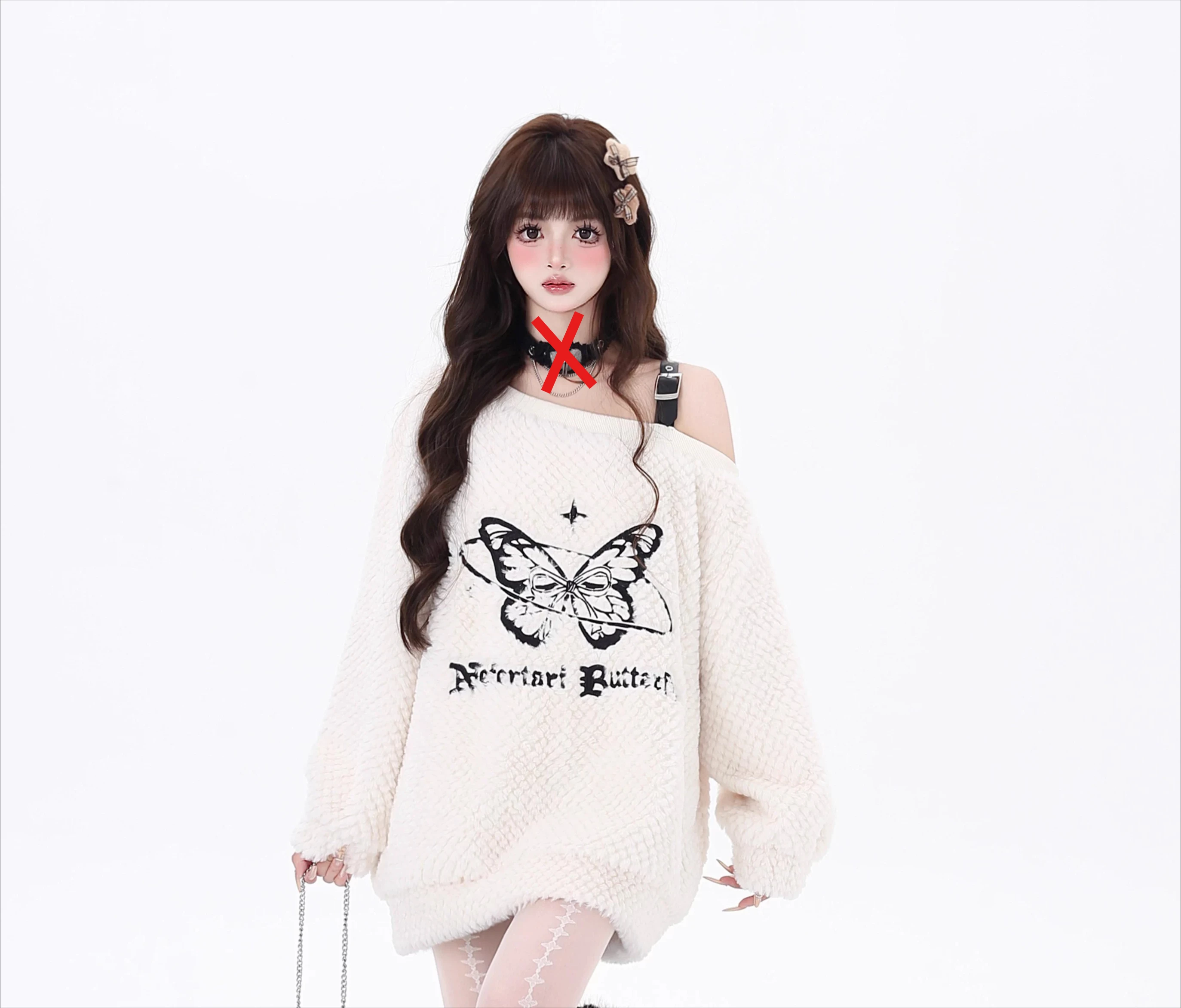 Y2k Sweet Cool Butterfly Autumn Winter Loose Irregular Slanted Shoulder Sweater Cute Girl Long Sleeve Solid Color Versatile Top
