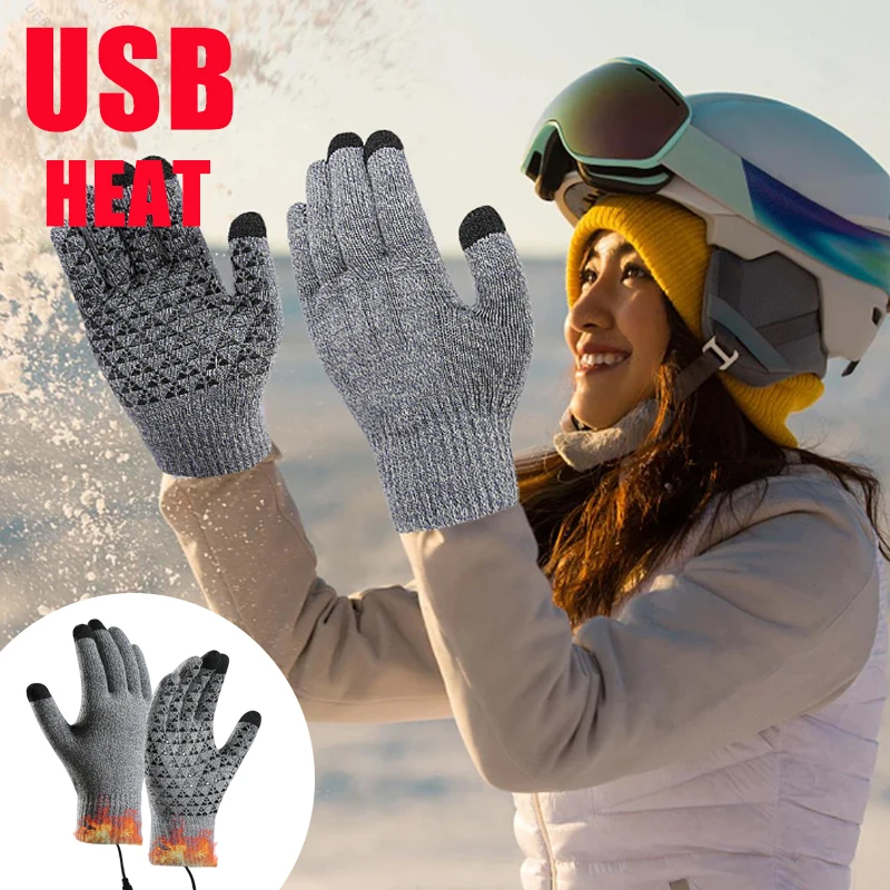 

USB Heated Knitted Gloves Winter Warm Touchscreen Gloves With Heating Pads USB Rechargeable Soft Thickened Outdoor Cycling Gear