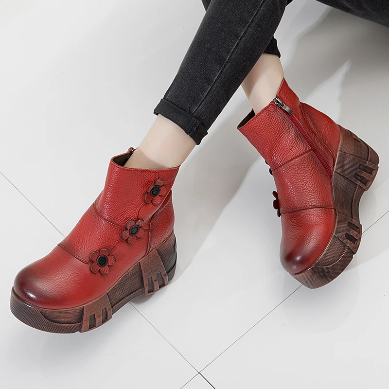 GKTINOO 2024 Handmade Flower Genuine Leather Women Boots Round Toes Thick Sole Ankle Boots Wedges Shoes Retro Platform Boot