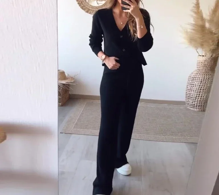 Two Piece Set Women Outfit 2024 Spring Solid Color V-Neck Slim Fit Long Sleeved Top & High Waist Straight Leg Knitted Pants Set