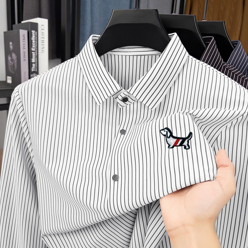 Luxury Men's Embroidery Printed Shirt Autumn New Original Color Blocking Stripes Long Sleeve Lapel Top Casual Commute Men's Wear