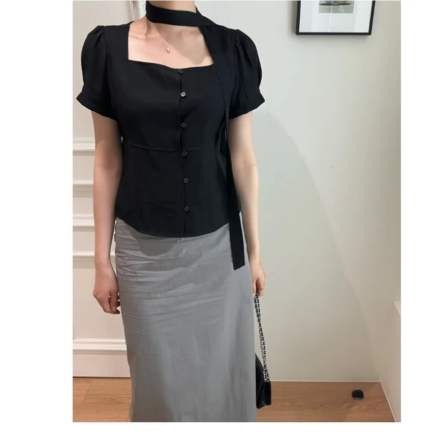

Ele Summer Chic Square Collar Single Button ort Sve irt Bow Tie Casual Sle Pure Color Polyester Fiber Women's irt