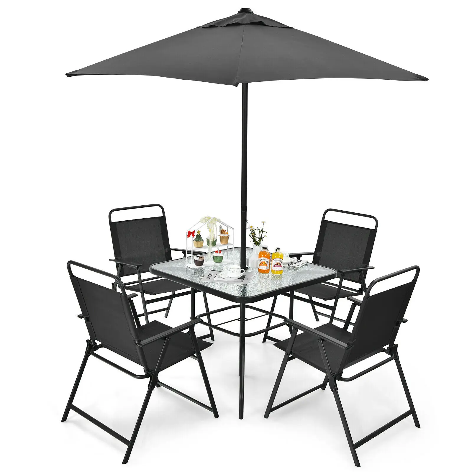 6PCS Patio Furniture Dining Set Folding Chairs Glass Table W/Umbrella Deck Grey  NP10069WL-GR