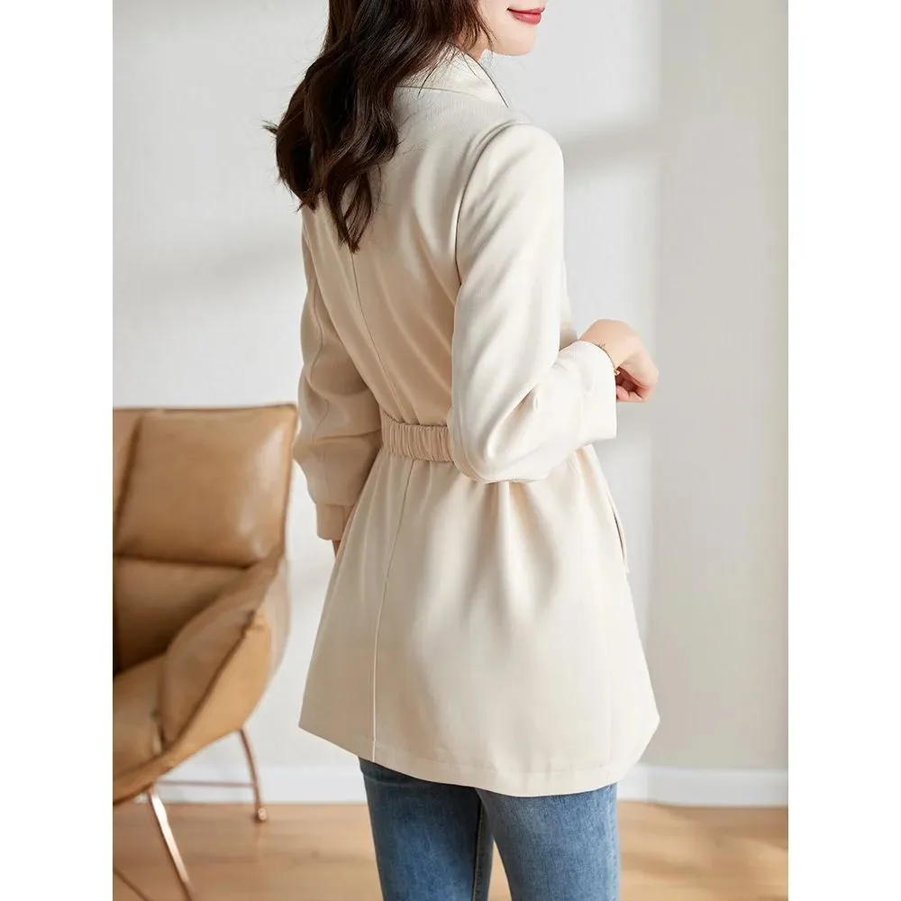 2024 New Spring Autumn Trench Coat Women Slim Long-Sleeved Windbreaker With Belt Casual Beige Outwear Female Tops Lining Clothes