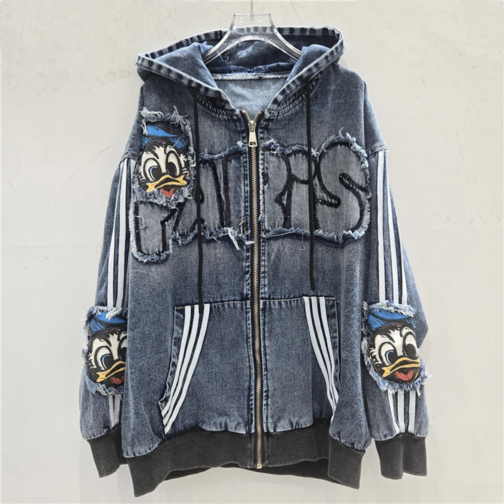 

plus Size Jacket Color Block Contrast Color Denim Loose Cartoon Hooded Jacket Oversized Casual Outerwear