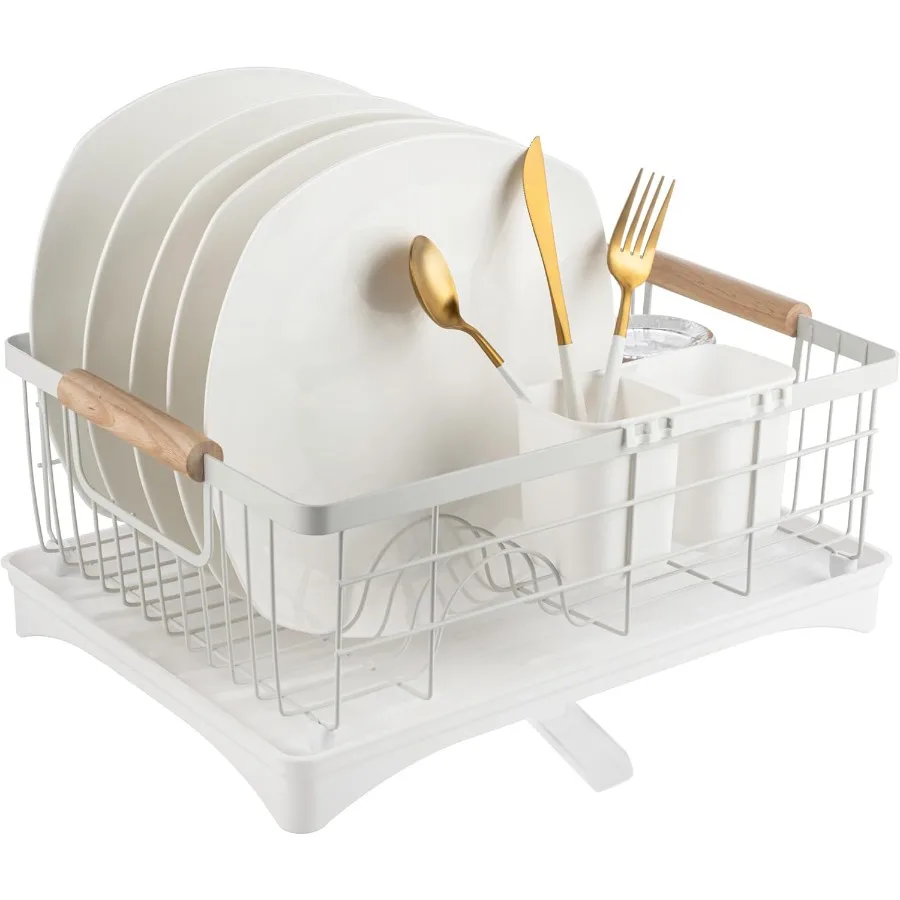

Dish Drainer Rack Plate Cutlery Pots and Pans Drying Rack for Kitchen with Beechwood Handles Modern Retro Design Drip Tray with