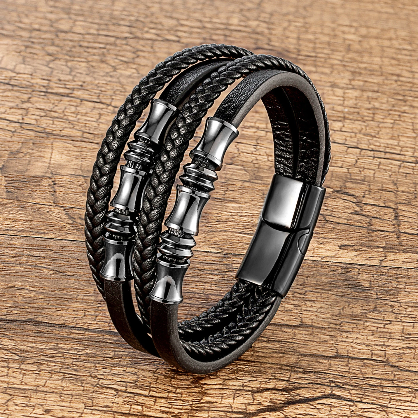 YAN MIN Stainless Steel Bracelet Men Wrist Band Black Woven Leather Rope Punk Bracelet Wristband Stylish Casual Jewelry