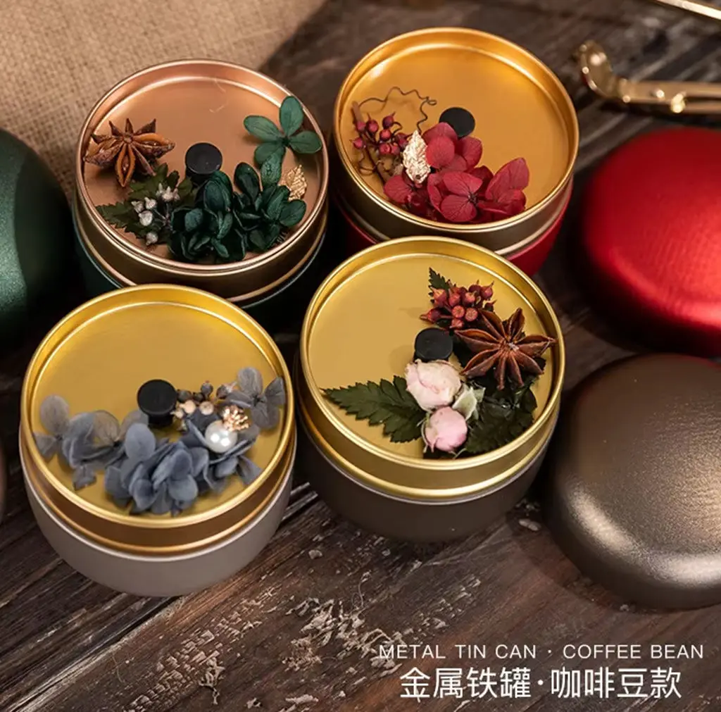 Coffee Fragrance Dried Flower Soy Candle Metal Tin Jar, Aromatherapy Home Wedding Table Decor Relaxing Romantic Gift