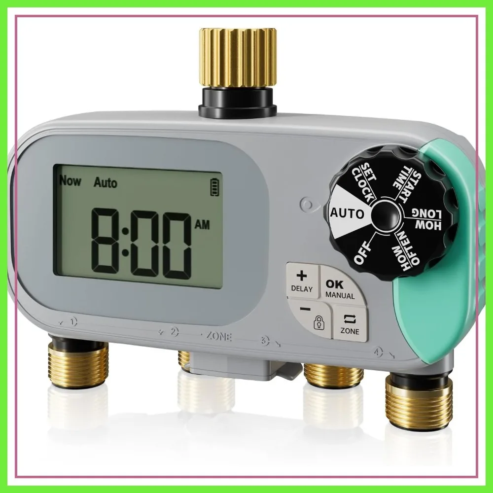 

4 Zone Programmable Brass Water Timer for Garden Hose, Rain Delay, Child Lock, IPX5 Waterproof Screen, Battery Powered