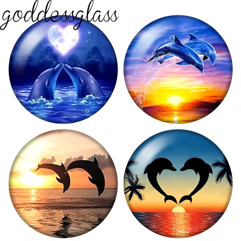 Love Style dolphins Couple Sea animal 10pcs 12mm/20mm/25mm Round photo demo glass cabochon flat back Making findings Accessories