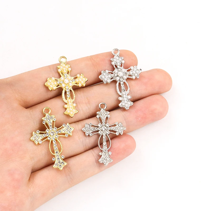 10pcs Baroque Style Rhinestones&Pearls Inlaid Cross Charms for DIY Delicate Shiny Necklace Earring Christian Jewelry Accessories