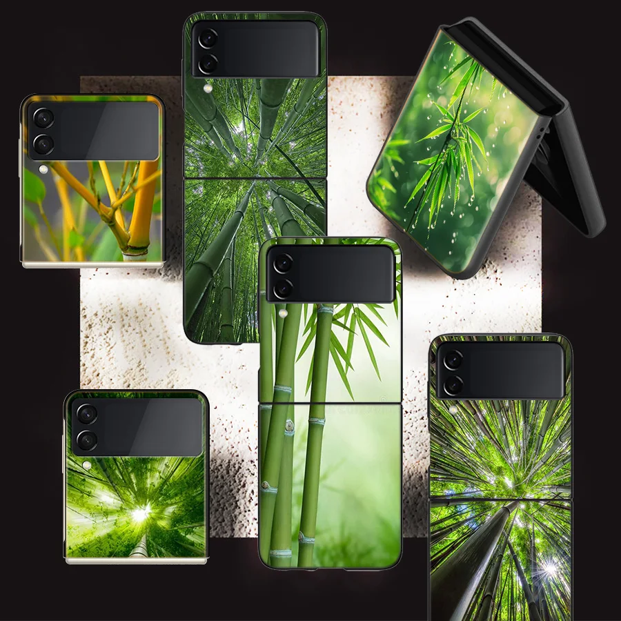 Green Bamboo Phone For Samsung Galaxy Z Flip 5 4 3 5G Case Luxury Cover Z Flip 6 5G Black Cases Shell PC Fundas Shockproof