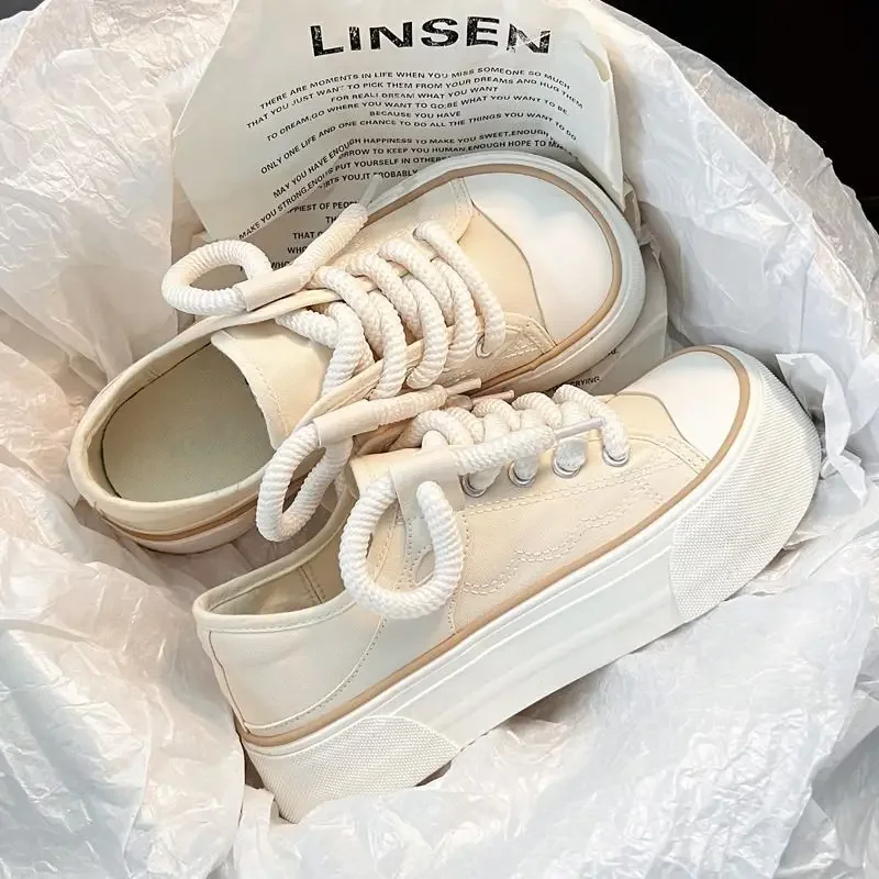 Cute High on Platform Women Footwear Canvas Lace Up Round Toe Ladies Shoes Kawaii Black New Arrival 2025 Shoe in Summer Quality