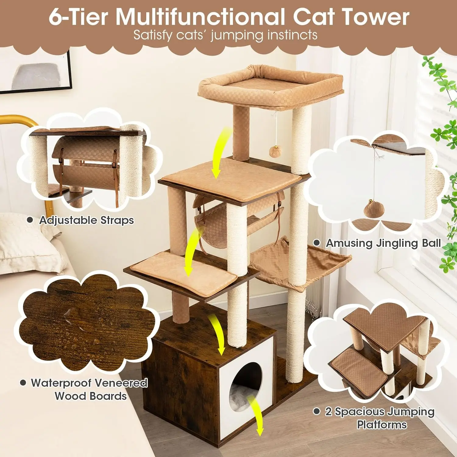 Imagem -05 - Tangkula Modern Cat Tree Tower com Hammock Alto Sisal Arranhões Posts Top Perch Tunnel & Indoor Cats 53