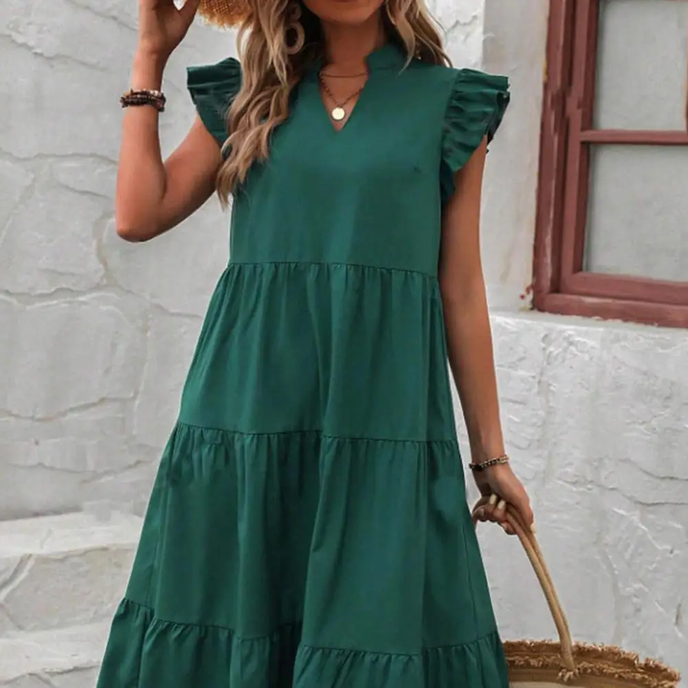 Vestido feminino monocromático com decote em v com mangas plissadas, vestido elegante de verão, linha A, namoro, férias na praia