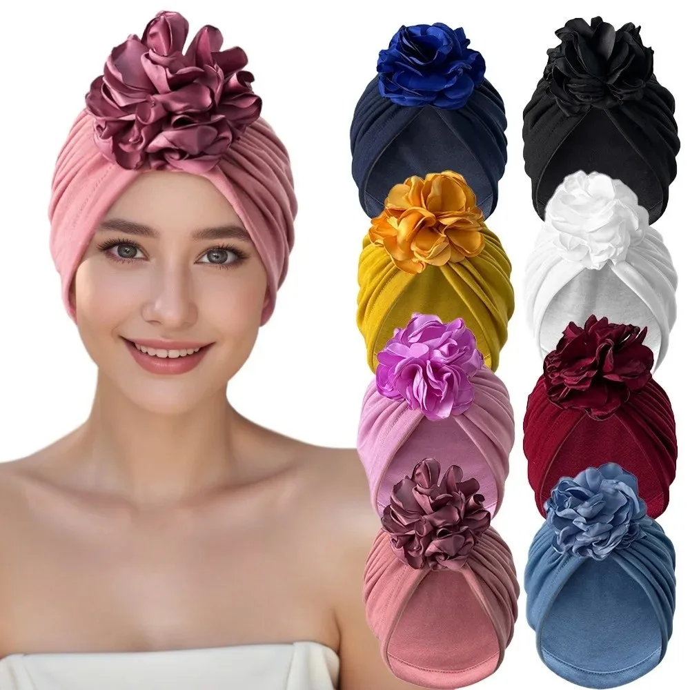 

Fashion Elastic Women Turban Hat Big Flower Solid Color Muslim Hijab Ladies Hair Bands Hair Accessories