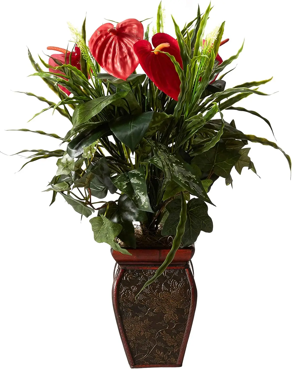 Mixed Greens & Anthurium with Decorative Vase Silk Plant