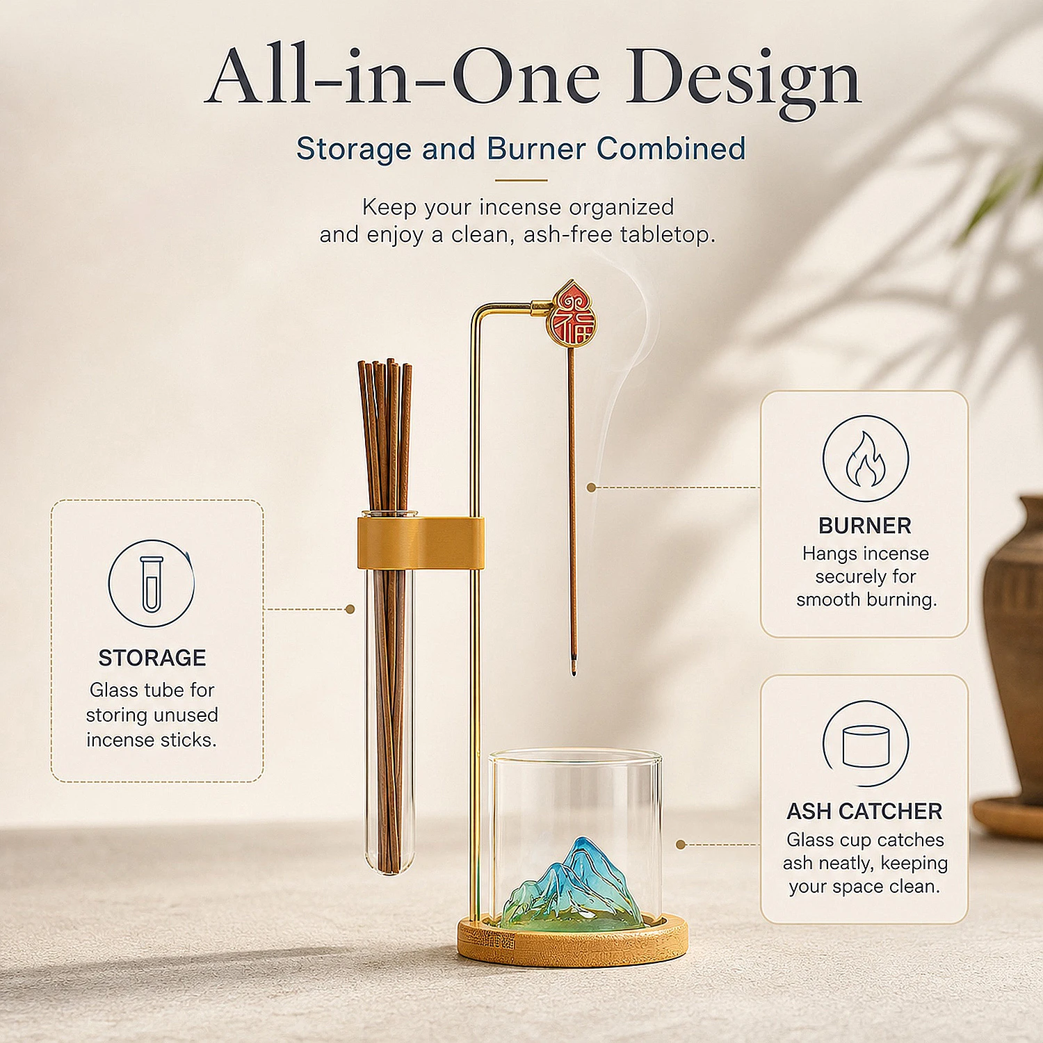 2 in 1 Glass Incense Holder Anti-Ash Flying Incense Burner Mountain Incense Stick Holder with Ash catcher for Yoga Meditation