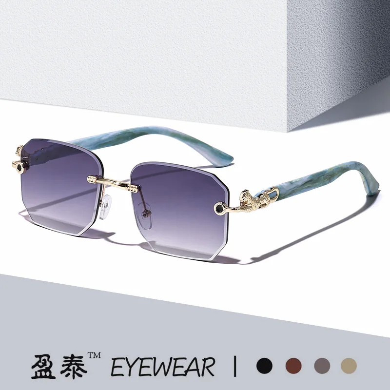 

Unisex Rimless Metal Square Sunglasses Leopard Temple Acetate Fiber UV400 Fashion Eyewear For Travel Driving vintage