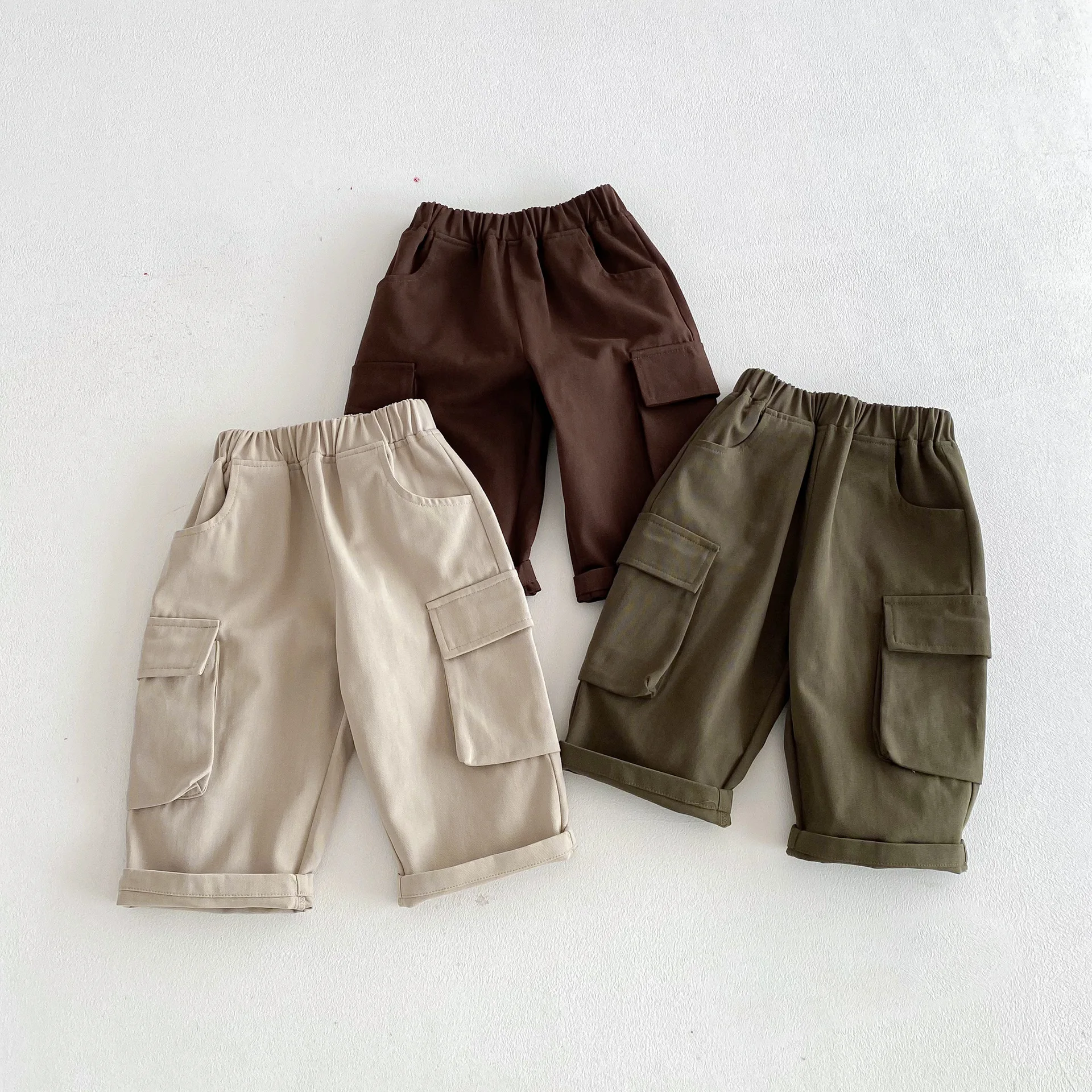 

2026 Spring New Children Casual Pants Cotton Girls Loose Pocket Trousers Baby Boys Solid Cargo Pants Kids Toddler Clothes