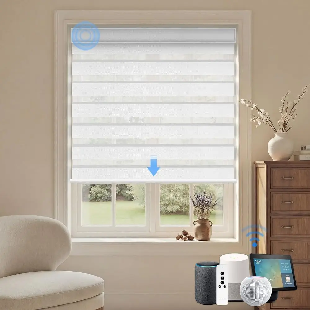 

Умные жалюзи с электроприводом для умного дома: 90% затемнение, серовато-белые, совместимы с дистанционным и голосовым управлением