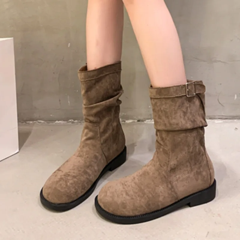 Women\'s Boots 2024 New Pleated Design Fashion Boots Solid Color Retro Street Casual Slip-on Botas Femininas Women\'s Rock Zapatos